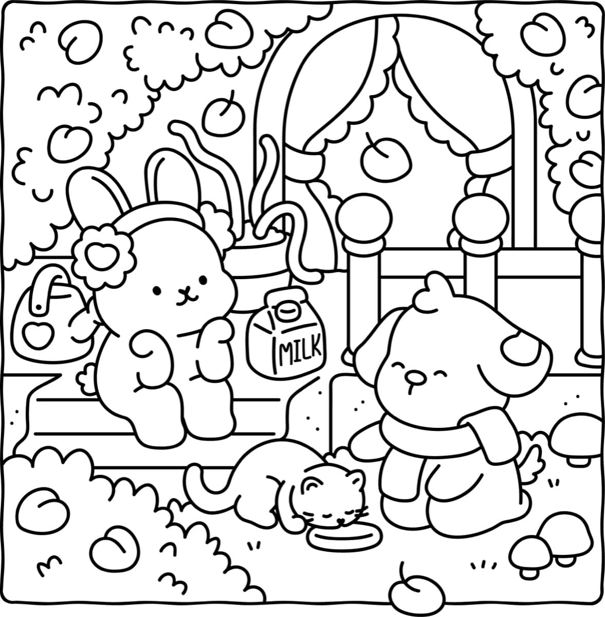 Line art by Didi Plums: a bunny with a flower headband, a puppy in a scarf and a sleepy kitten in a cozy garden full of apples